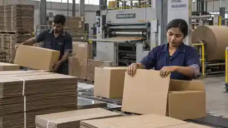 Illustrative corrugated packaging factory floor with workers