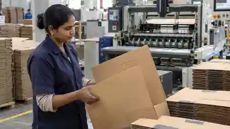Illustrative worker inspecting corrugated packaging